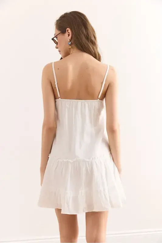 Woman White Strap Adjustable Lined Mini Dress - 7