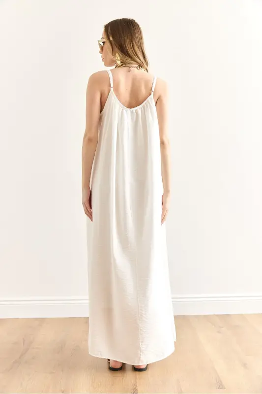 Woman White Strap Adjustable Lined Oversize Dress - 5