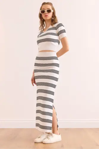 Woman White Top Bottom Striped Knitwear Set TKM-190003 