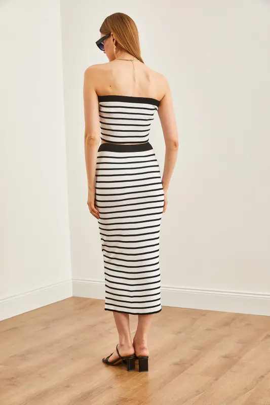 Woman White Top Strapless Blouse Bottom Skirt Knitted Suit - 5