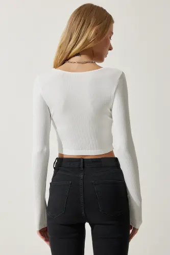Woman White U Neck Ribbed Crop Knitwear Blouse PF00068-White - 7