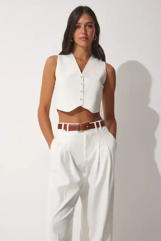 Woman White V Neck Buttoned Summer Knit Vest YY00139-White - 4