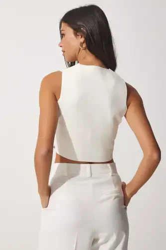 Woman White V Neck Buttoned Summer Knit Vest YY00139-White - 5