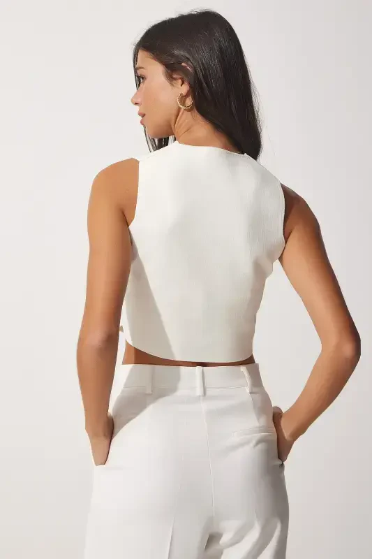 Woman White V Neck Buttoned Summer Knit Vest YY00139-White - 5