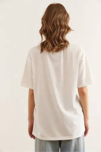 Woman White Watercolor Detailed Comfort Fit T-Shirt T - 5