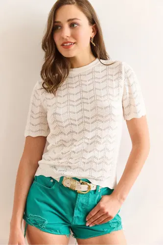 Woman White Zigzag Openwork Mercerized Viscose Knit B 