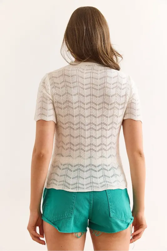 Woman White Zigzag Openwork Mercerized Viscose Knit B - 2