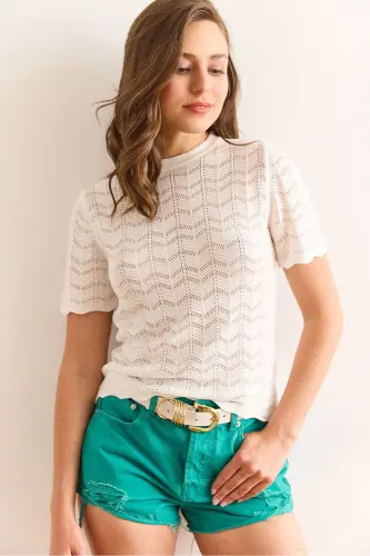 Woman White Zigzag Openwork Mercerized Viscose Knit B - 3