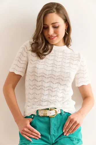 Woman White Zigzag Openwork Mercerized Viscose Knit B - 4