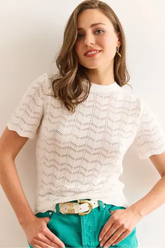 Woman White Zigzag Openwork Mercerized Viscose Knit B - 5