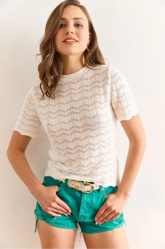 Woman White Zigzag Openwork Mercerized Viscose Knit B - 6