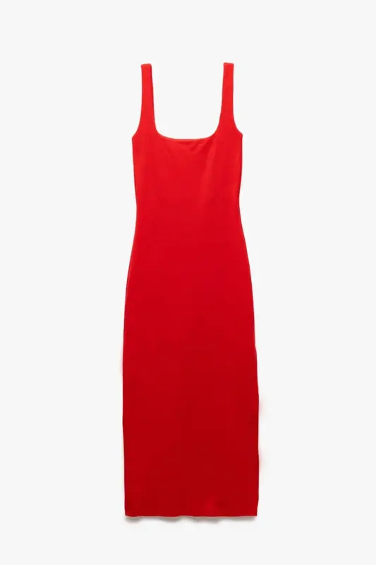 Woman X Sibil Çetinkaya - Cotton Slit Detailed Slim Fit Square Neck Strap Dress 5SA - 3