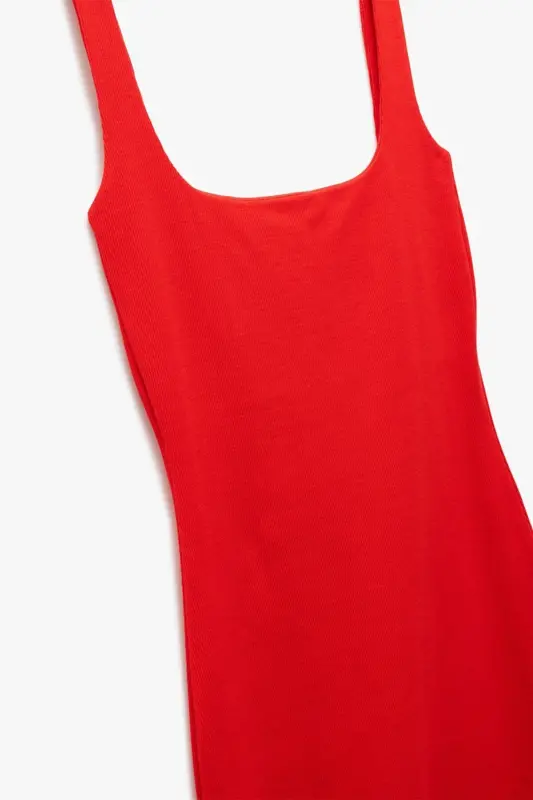 Woman X Sibil Çetinkaya - Cotton Slit Detailed Slim Fit Square Neck Strap Dress 5SA - 4