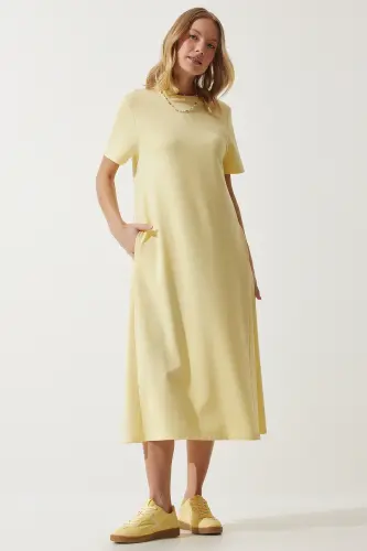 Woman Yellow A-Line Summer Knitted Dress UB00060-Yellow - 3