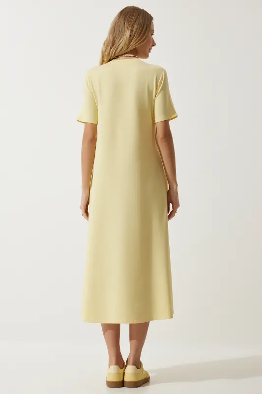 Woman Yellow A-Line Summer Knitted Dress UB00060-Yellow - 4
