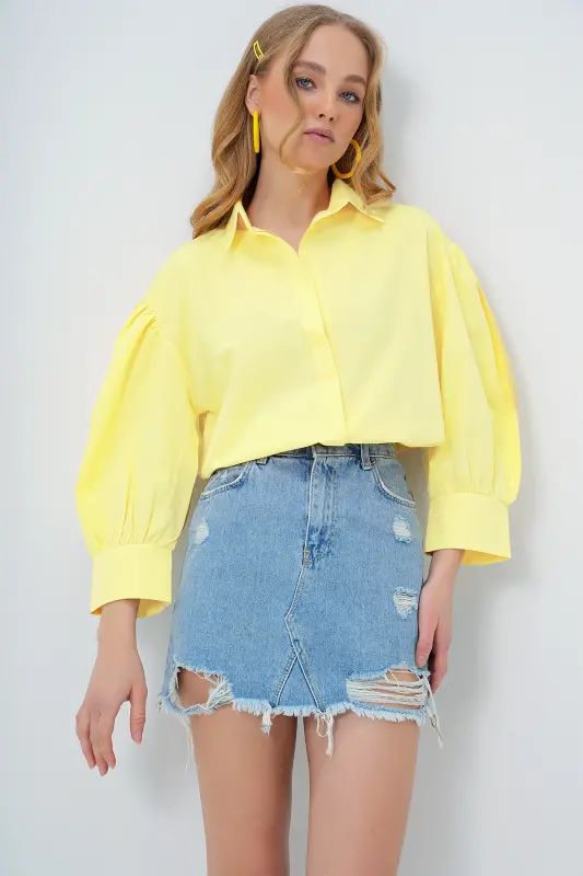 Woman Yellow Balloon Sleeve Hidden Placket Basic Poplin Shirt ALC-X9654-YELLOW - 2