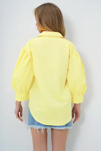 Woman Yellow Balloon Sleeve Hidden Placket Basic Poplin Shirt ALC-X9654-YELLOW - 6