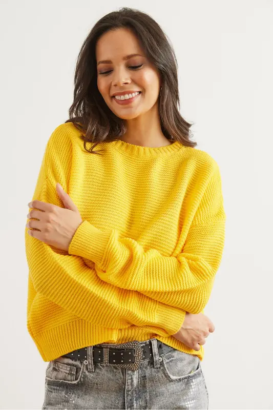 Woman Yellow Crew Neck Links Knitwear Sweater KZK-19000870-Yellow - 4