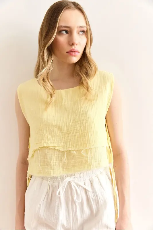 Woman Yellow Double Layer Dirty Stitched Lace Detailed Muesli - 2