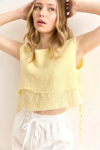 Woman Yellow Double Layer Dirty Stitched Lace Detailed Muesli - 3