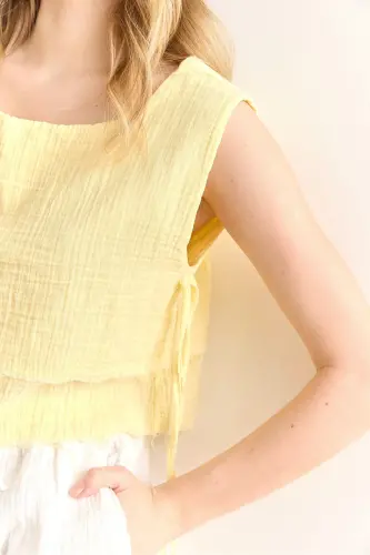 Woman Yellow Double Layer Dirty Stitched Lace Detailed Muesli - 4