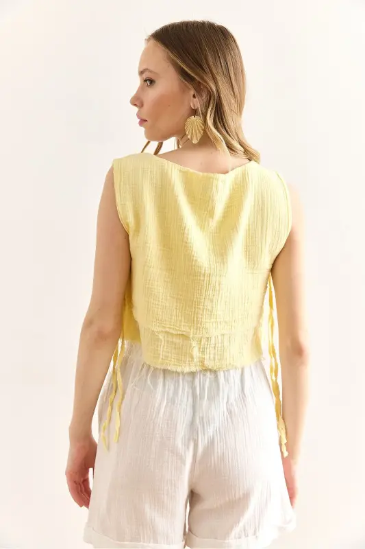 Woman Yellow Double Layer Dirty Stitched Lace Detailed Muesli - 5
