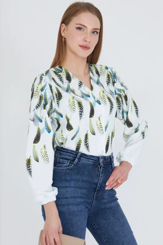 Woman Yellow Elastic Sleeve Patterned Shirt ARM-25Y001014-Yellow - 10