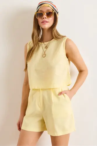 Woman Yellow Flam Linen Crop Blouse BLZ-19002925-Yellow 