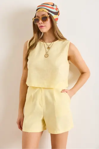 Woman Yellow Flam Linen Crop Blouse BLZ-19002925-Yellow - OLALOOK (1)