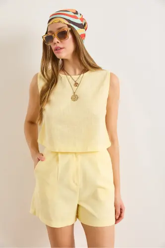Woman Yellow Flam Linen Crop Blouse BLZ-19002925-Yellow - 3