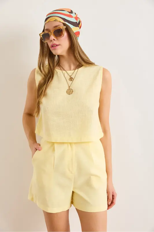 Woman Yellow Flam Linen Crop Blouse BLZ-19002925-Yellow - 3
