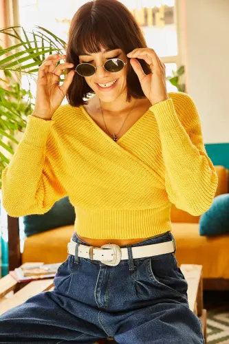 Woman Yellow Front Back V Neck Crop Knitwear Sweater KZK-19000076-Yellow - 3