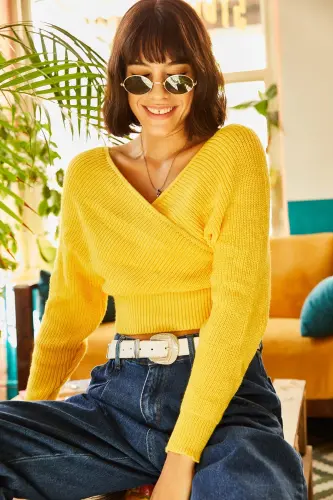 Woman Yellow Front Back V Neck Crop Knitwear Sweater KZK-19000076-Yellow - 5