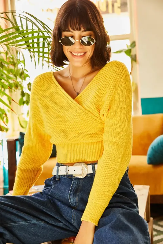 Woman Yellow Front Back V Neck Crop Knitwear Sweater KZK-19000076-Yellow - 5