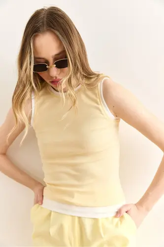 Woman Yellow Garnish Bicycle Collar Crop Blouse BLZ-190 - 2