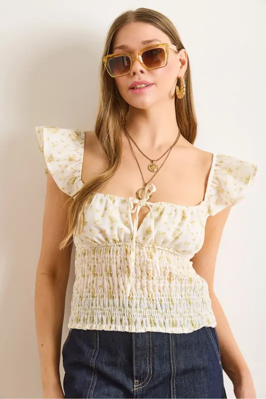 Woman Yellow Lace-Up Detail Crop Linen Look Blouse BLZ-19002973-Yellow - 1