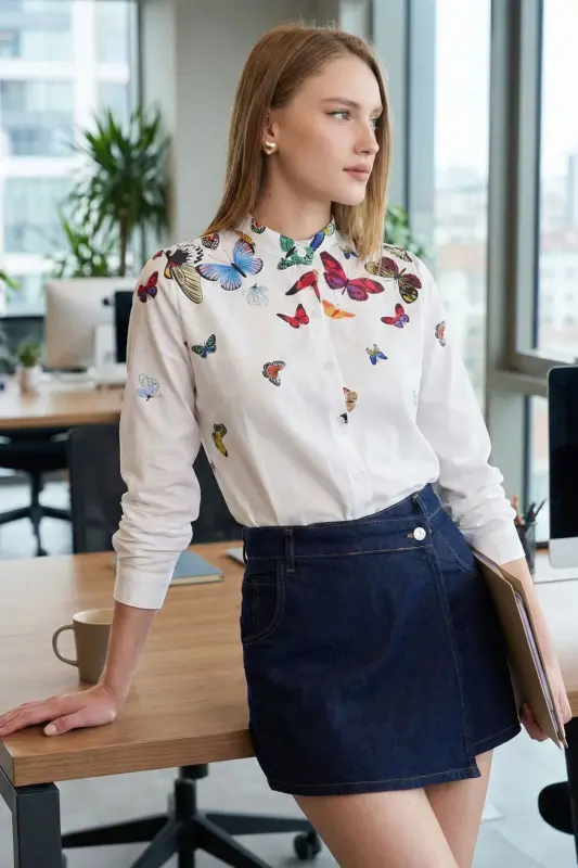 Woman Yellow Mandarin Collar Patterned Shirt ARM-25Y001013-Yellow - ARMONIKA