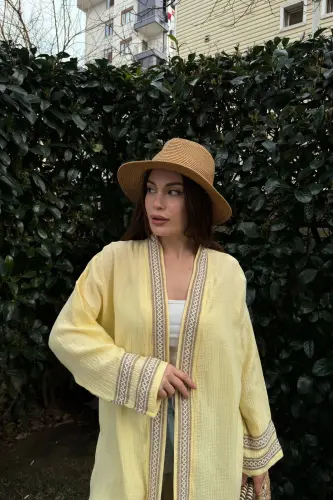 Woman Yellow Muslin Fabric, Straw Band Detailed Oversize Kimono Jacket-Yellow - NEW LAVİVA (1)