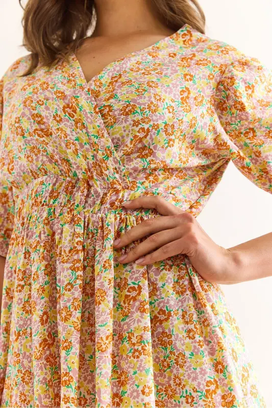 Woman Yellow Orange Elastic Waist Crossover Collar Texture - 4