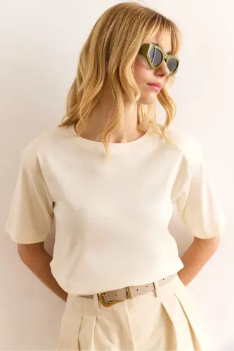 Woman Yellow Padded Interlock Lycra Cotton T-shirt T 