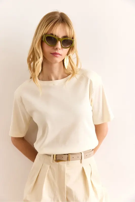 Woman Yellow Padded Interlock Lycra Cotton T-shirt T - 6