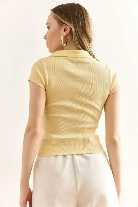 Woman Yellow Polo Neck Short Sleeve Lycra Cotton Blouse B - 2