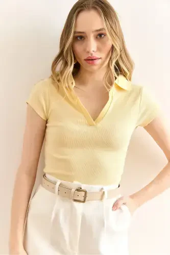 Woman Yellow Polo Neck Short Sleeve Lycra Cotton Blouse B - 3