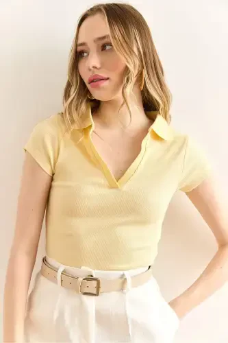 Woman Yellow Polo Neck Short Sleeve Lycra Cotton Blouse B - 4