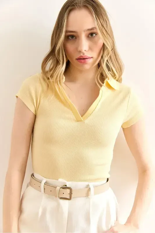 Woman Yellow Polo Neck Short Sleeve Lycra Cotton Blouse B - 5