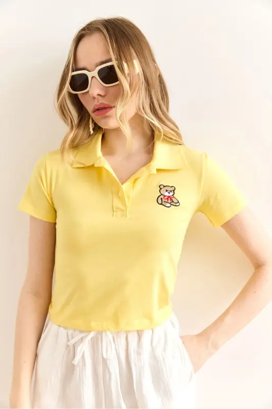 Woman Yellow Polo Neck Teddy Bear Embroidered Crop T-Shirt TS - 2
