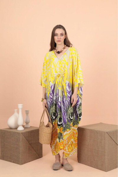 Woman Yellow Ring Detailed Patterned Plus Size Loose Oversize Dress - BEYZABAYRAM