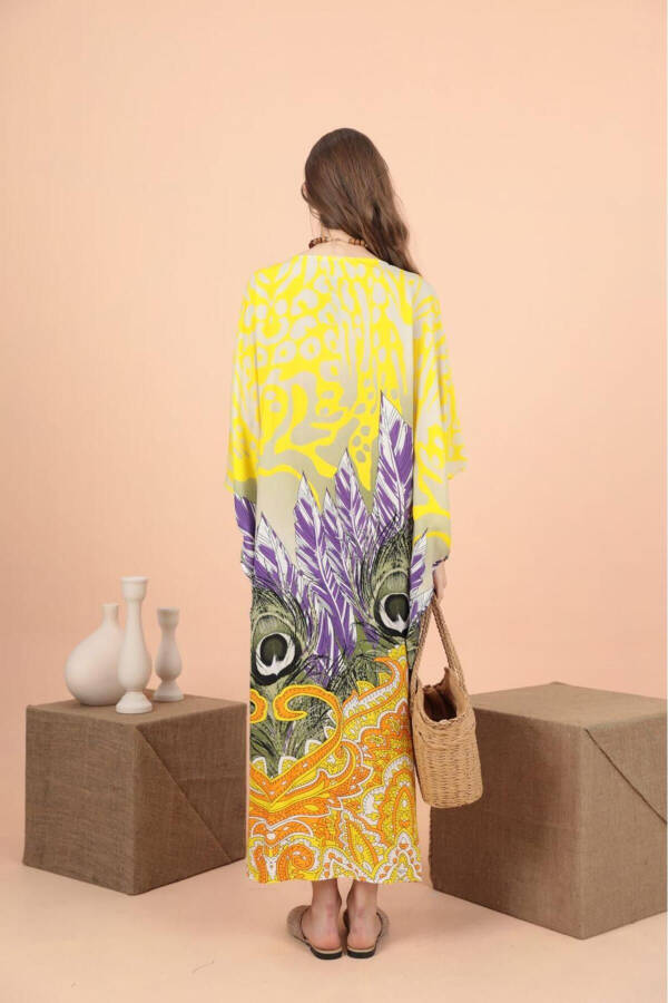 Woman Yellow Ring Detailed Patterned Plus Size Loose Oversize Dress - 2
