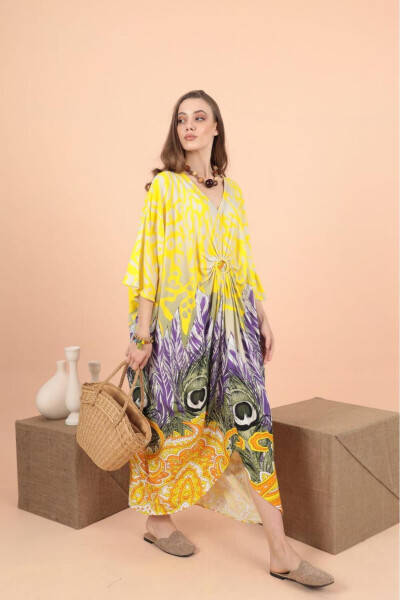 Woman Yellow Ring Detailed Patterned Plus Size Loose Oversize Dress - 3