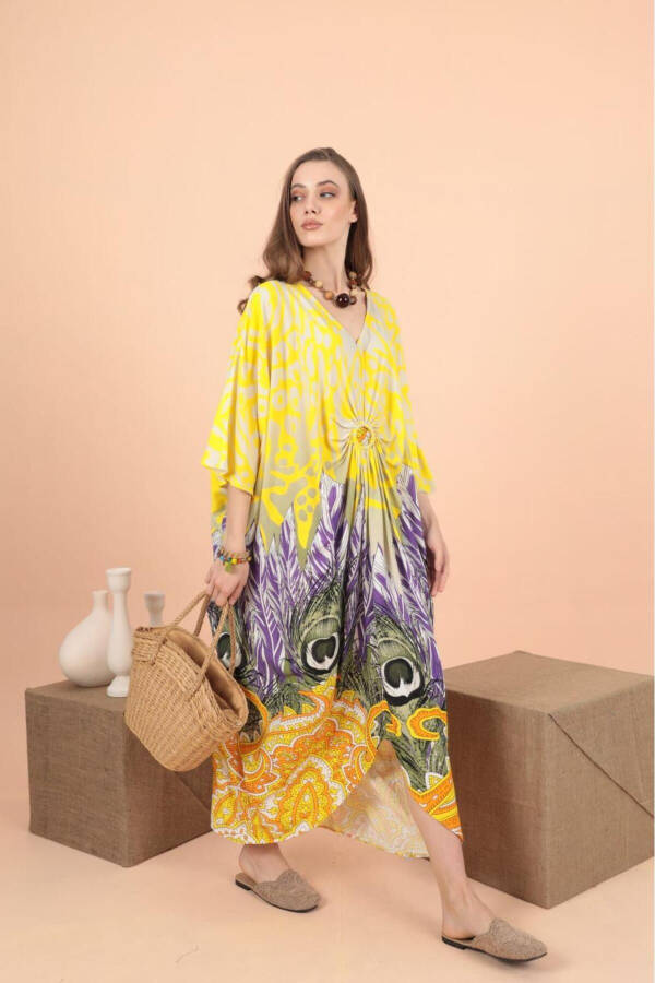 Woman Yellow Ring Detailed Patterned Plus Size Loose Oversize Dress - 3